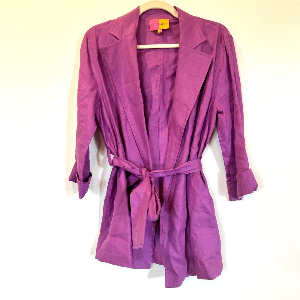 Villagallo 100% linen tie belted long sleeve shirt jacket collared small